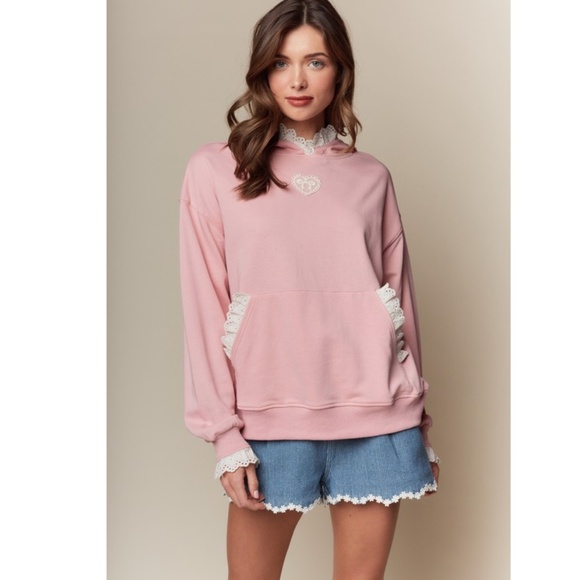 "The Paige" Pink Lace Trim Heart Hoodie - Picture 4 of 4